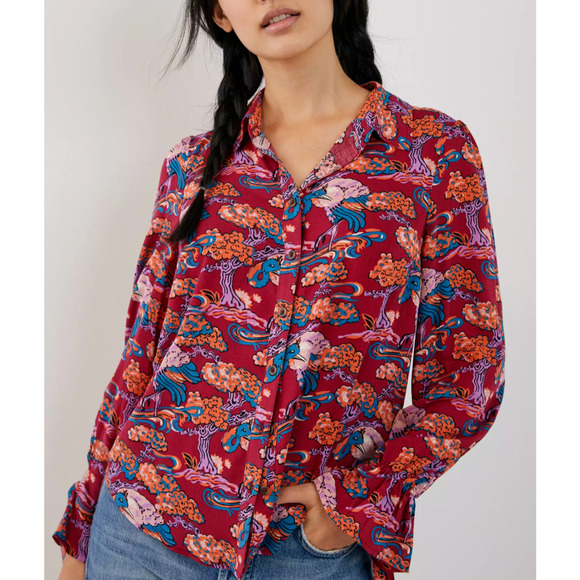 Anthropologie Maeve Darla Button Down Bird Floral Top SZ6 Multi Color Burgundy - Picture 1 of 10